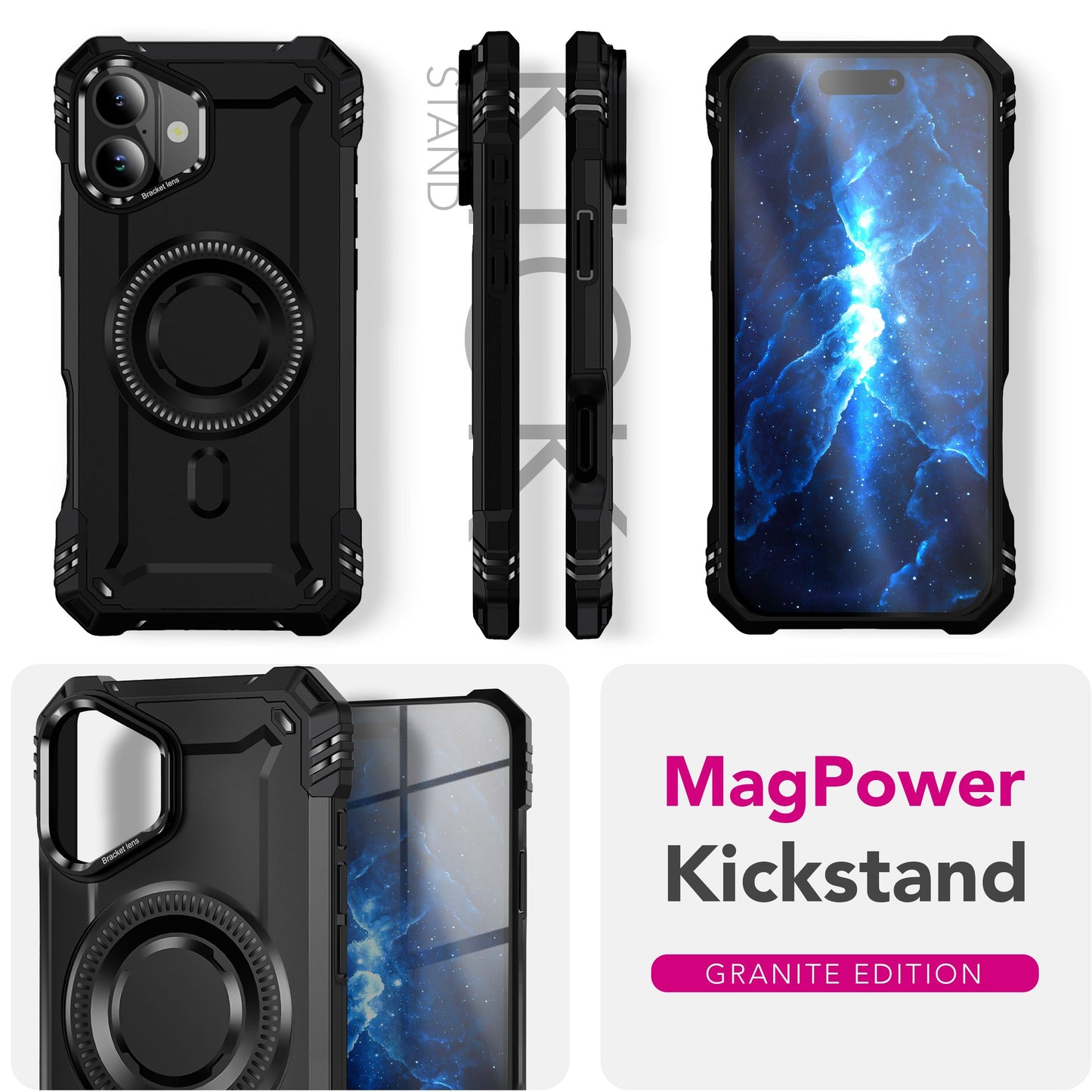 NALIA MagSafe Granite Case for Apple iPhone 17 (Military Tank) - Shockproof Armor Case, Rugged Protective Case with Kickstand, Heavy Duty Cover, Impact Protection - Volcano Black