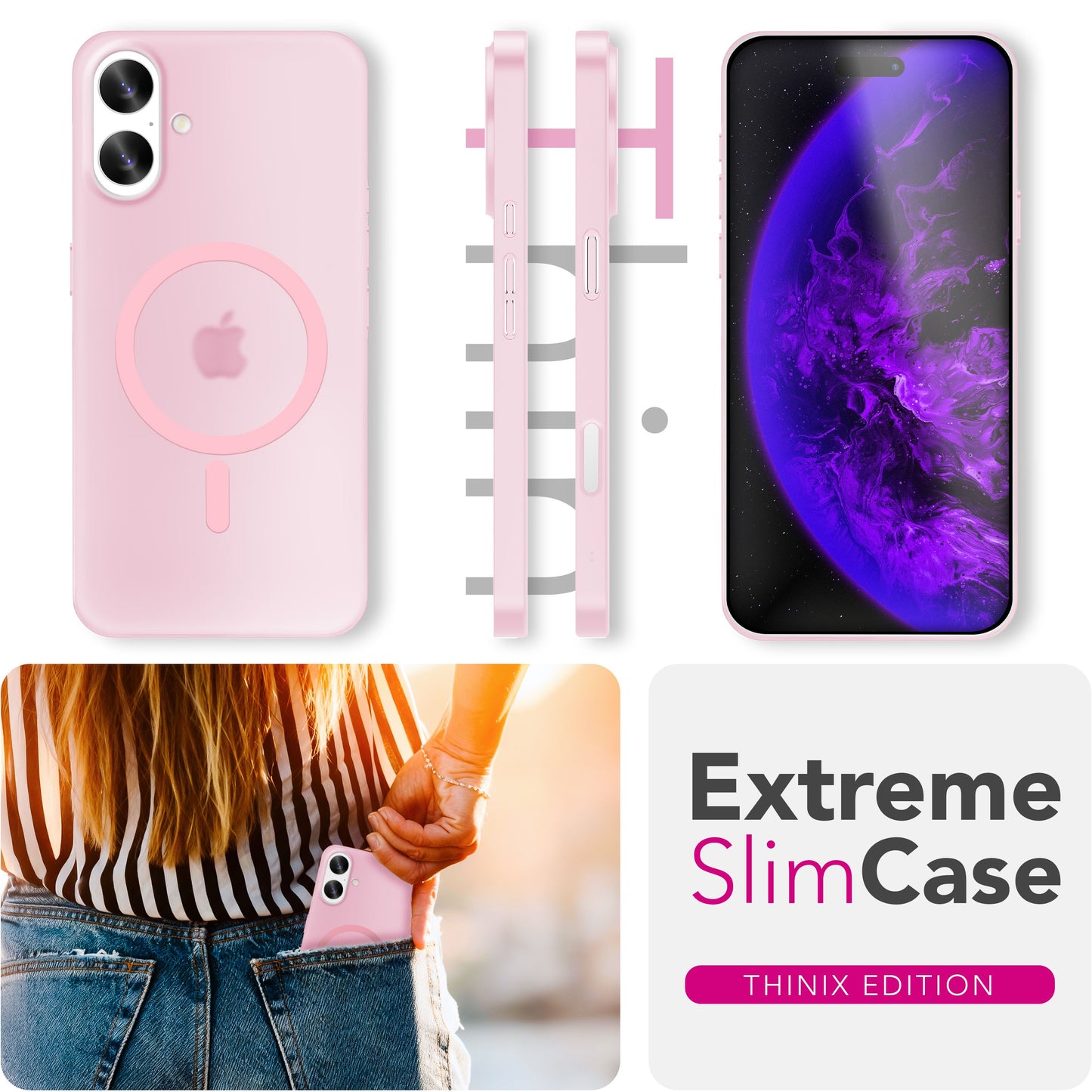 NALIA MagSafe Thinix hulstur fyrir Apple iPhone 17 (mjög þunnt með MagPower) - 0,3 mm ultra-þunnt hart hulstur, hálfgagnsætt, matt og fingrafaravarnandi, lágmarksútlit