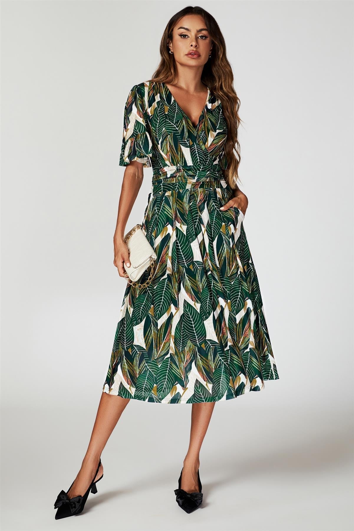Leaf Print Mesh Midi Dress In Green
