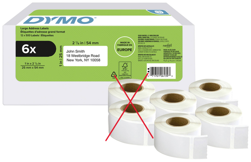 Dymo 2177564 merkimiðarúlla af B-flokki, 25 x 54 mm, hvít, 3000 stykki. Sjá texta/mynd.