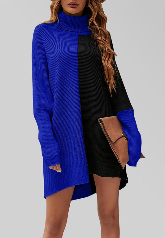 High Neck Half Forest Blue & Black Block Color Jumper Top