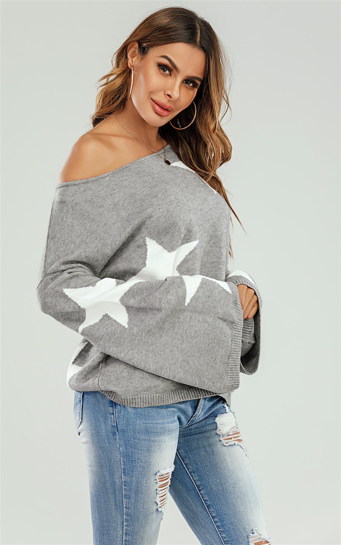 Wide Sleeve Oversized Gray Jumper With White Star