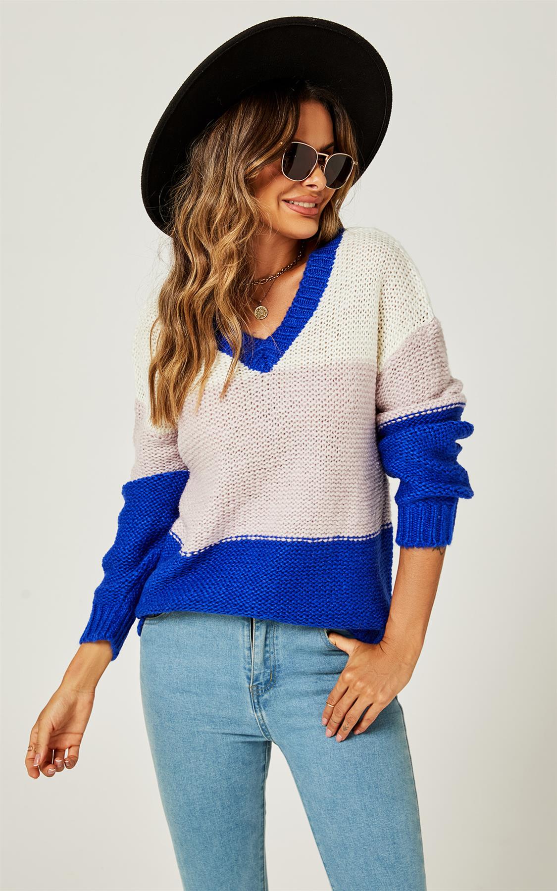 Stripe Block Colour Relaxed Knit Jumper Top In Blue & White
