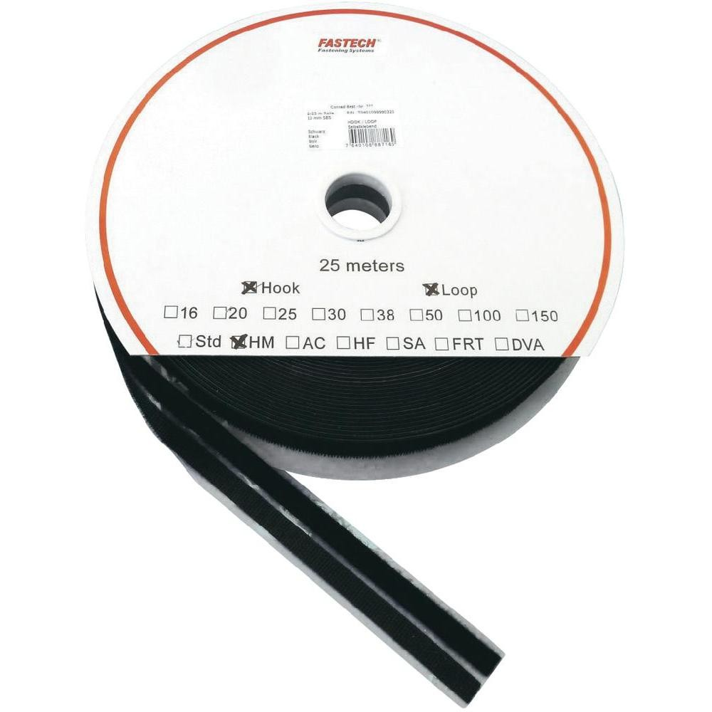 Fastech SBS krók- og lykkjufestingaról af B-flokki, svört, heitt bráðið pólýamíð, sjálflímandi, 25 m x 10 mm