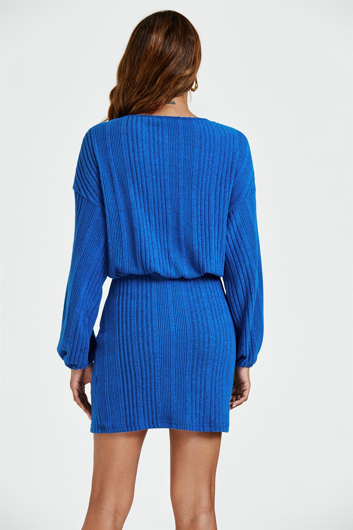 Long Sleeves Knit Mini Dress In Blue