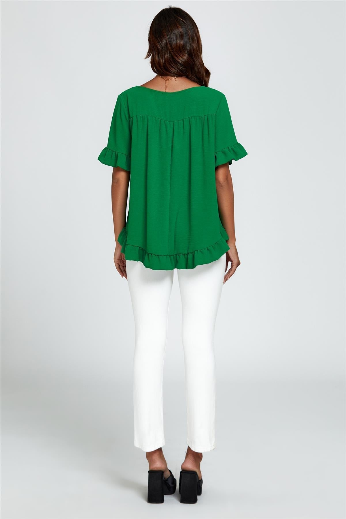 Frill Detail Short Sleeves Top In Green