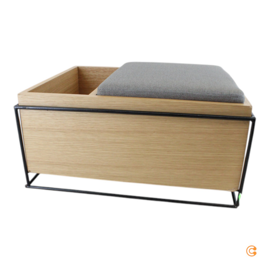 Hübsch bekkur í B-flokki með púðum, geymsluplássi og sæti, 64 cm, úr eik. Sjá texta/mynd.