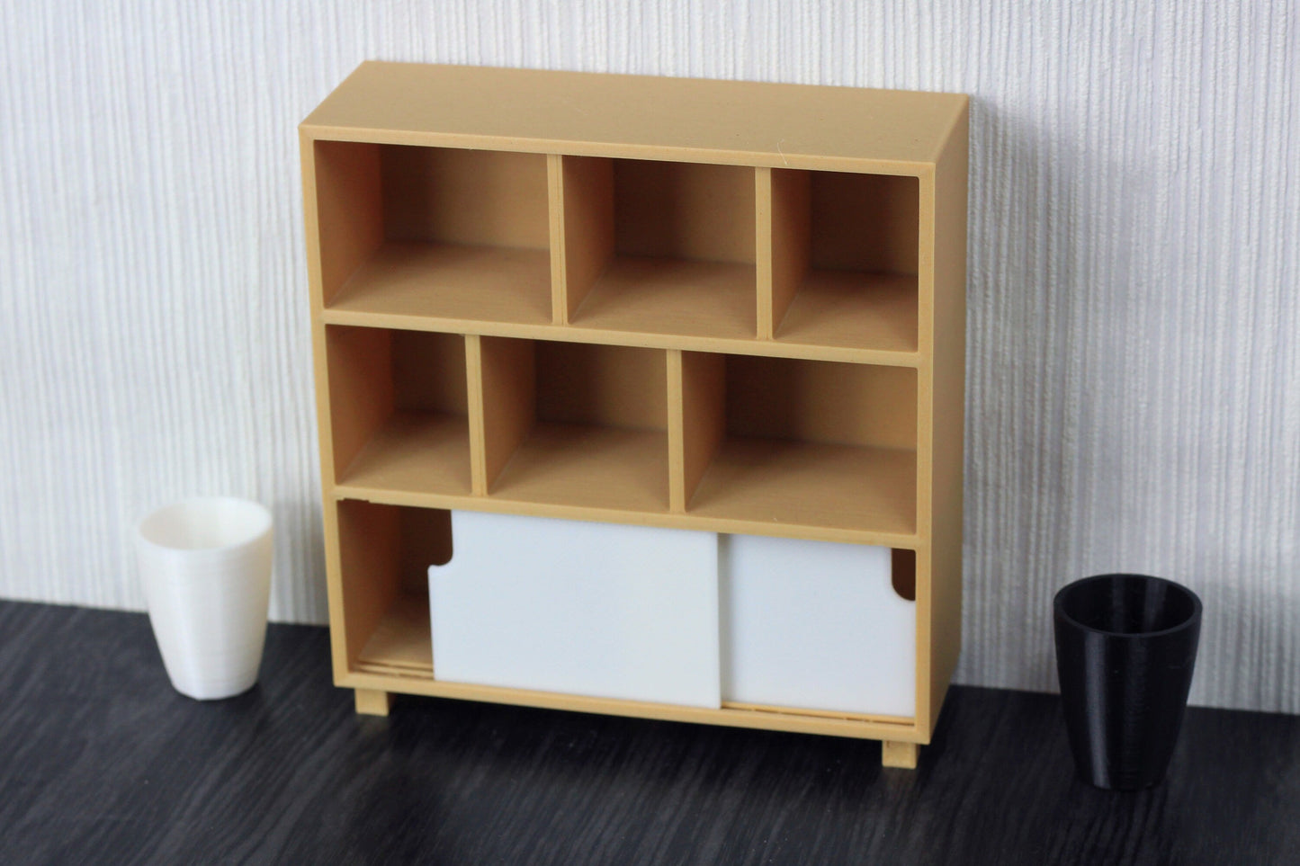 Modern Dollhouse Miniature Bookshelf with Sliding Doors - 1:12 Scale