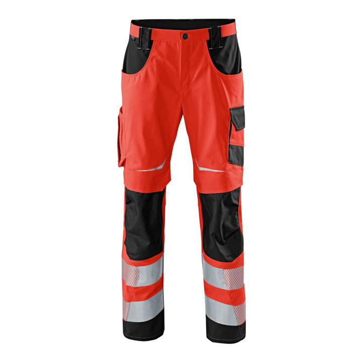 B-grade Kübler PSA Reflectiq trousers 2207 high-visibility red/black, size 24. High-visibility clothing.