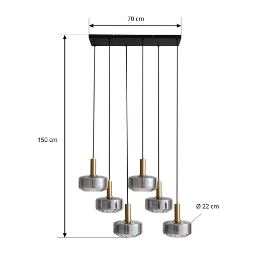 B-grade Lindby pendant light, hanging lamp, lamp, light fixture, Hildur smoke grey glass, 6 lights, ø22cm