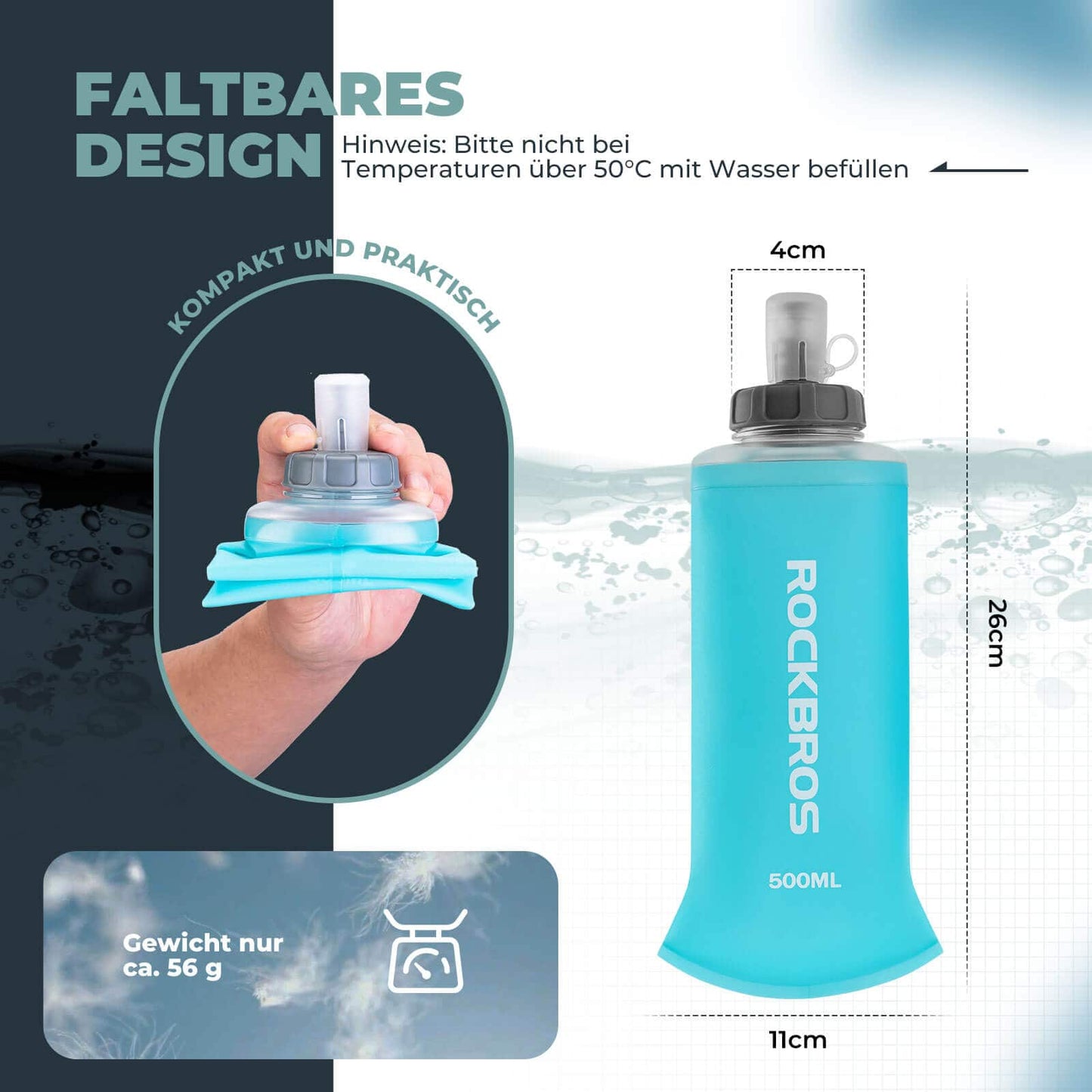 ROCKBROS Foldable Water Bottle 500ml for Running Hiking Cycling