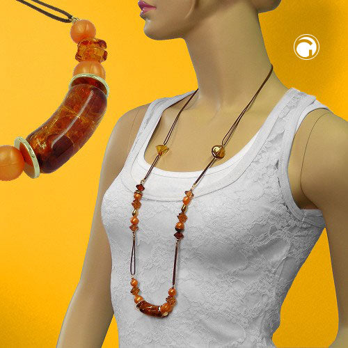Hálsmen plastperlur brún-appelsínugult-brúnt-gullband brúnt 90cm
