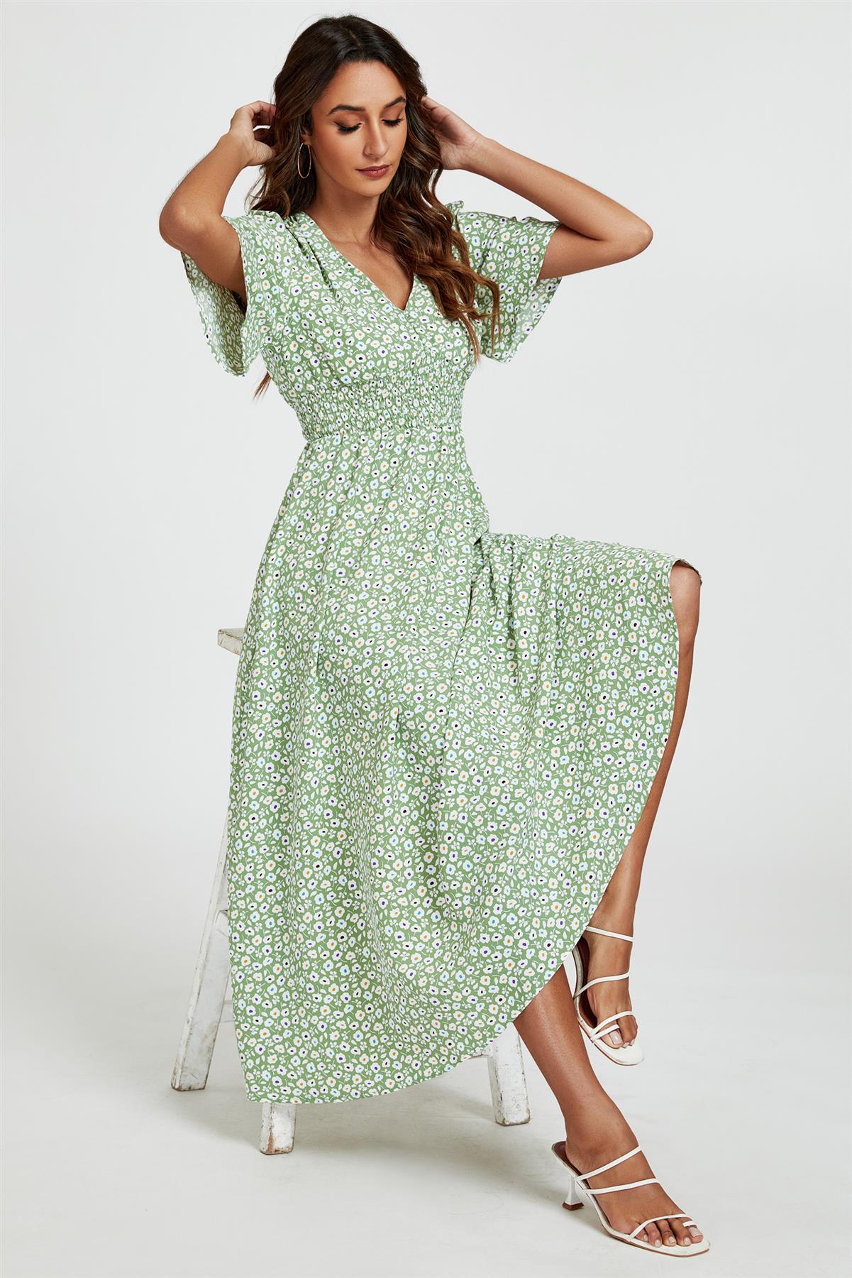 Multi Floral Print V Neck Midi Dress In Green