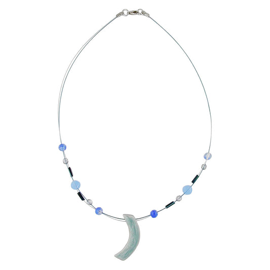 Vírkeðja með glerperlum og sigðhengiskrauti gráblá enamel 42cm