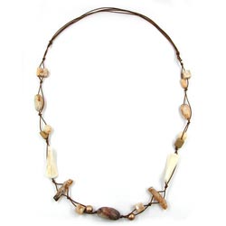Necklace plastic beads beige horn-marbled cord brown 105cm