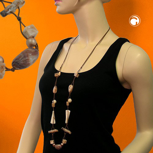 Hálsmen úr plastperlum, beige horn-marmara snúra, brún 105 cm