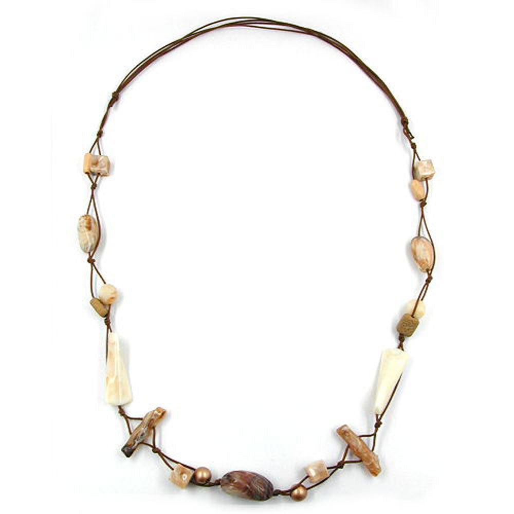 Necklace plastic beads beige horn-marbled cord brown 105cm