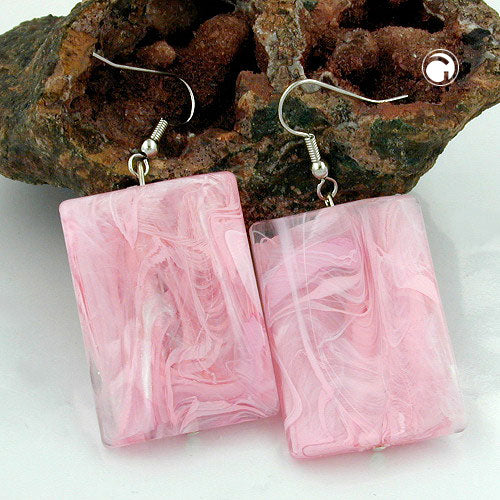 Eyrnalokkar, eyrnalokkar, 56x25mm, ferkantaðir, bylgjuðir, bleikir og marmaraðir