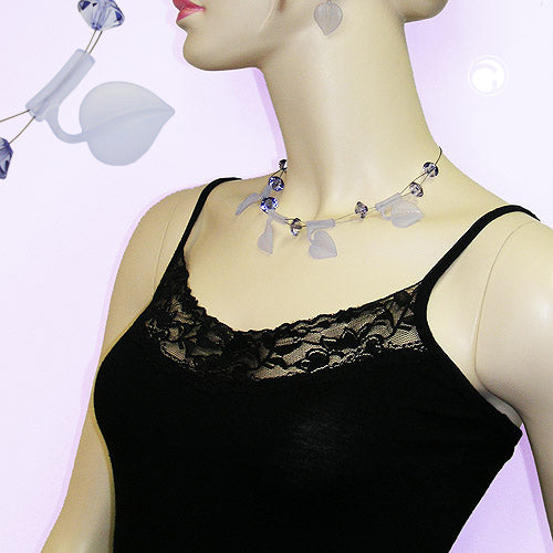 Chain wire chain 4x leaves light blue matt plastic beads 44cm