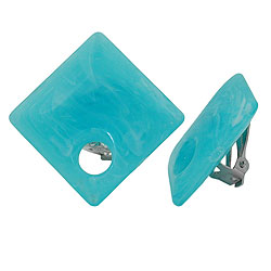 Eyrnalokkar með klemmu, 25x25mm, ferkantaðir með gati, tyrkisbláum marmarahnappi úr plasti