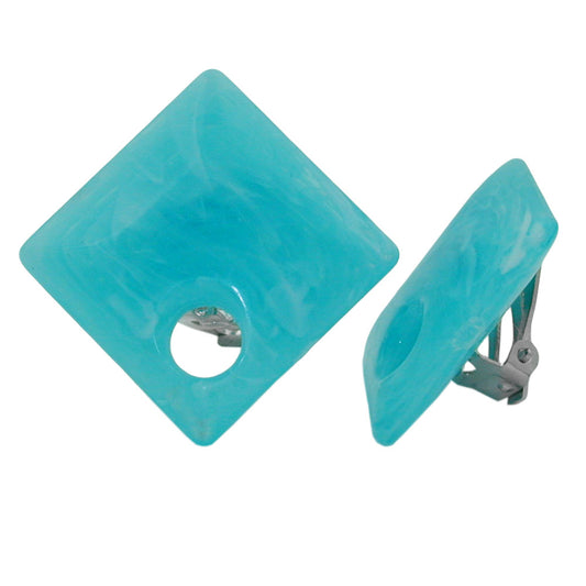 Eyrnalokkar með klemmu, 25x25mm, ferkantaðir með gati, tyrkisbláum marmarahnappi úr plasti