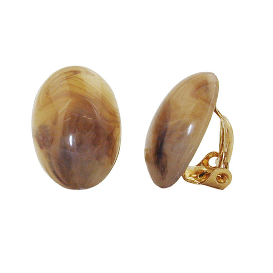 Eyrnalokkar með klemmu 18x13mm, lítill sporöskjulaga hornhnappur, brúnn marmari, glansandi plasthnappur