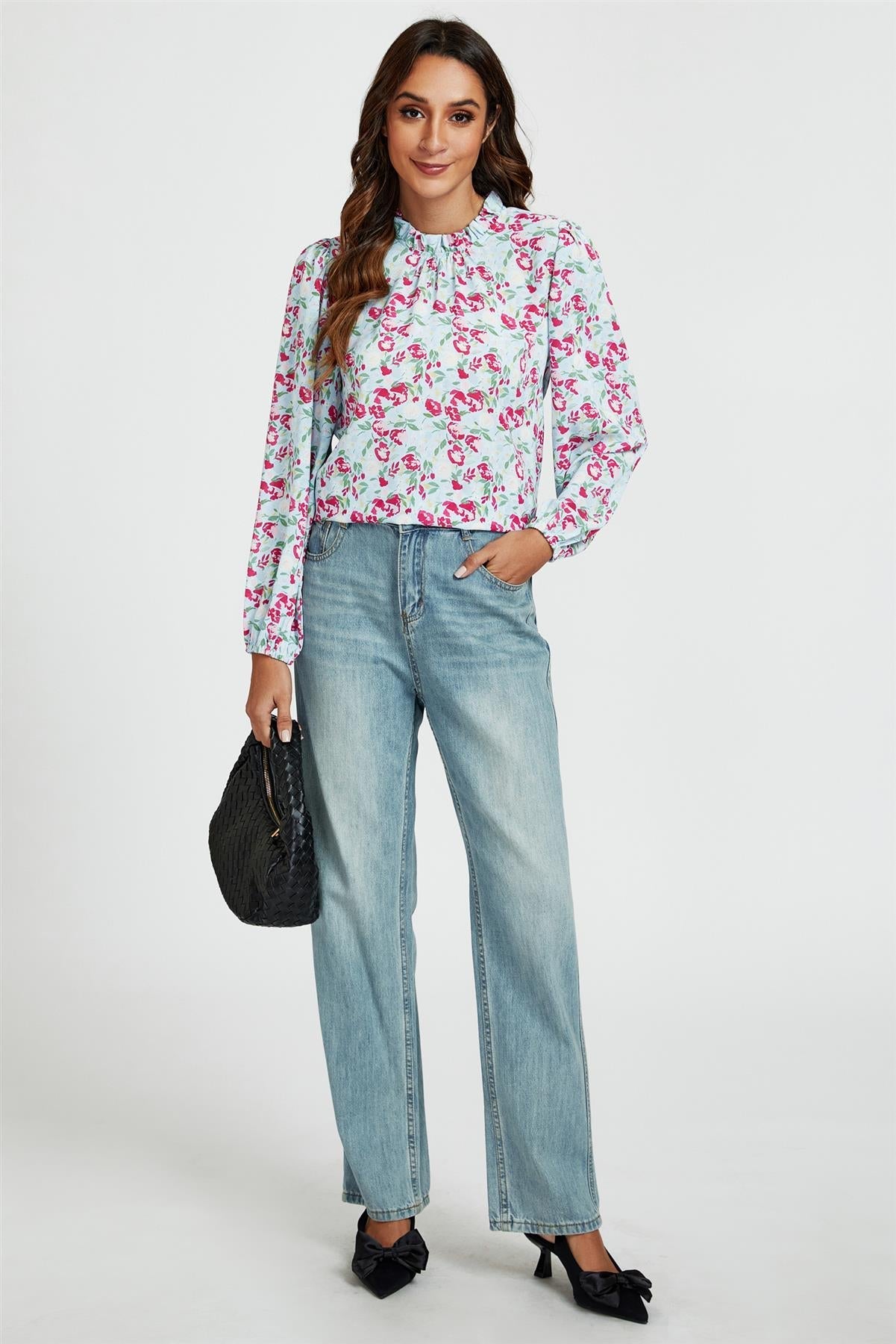Floral Print Frill Detail High Neck Top In Blue &amp; Pink