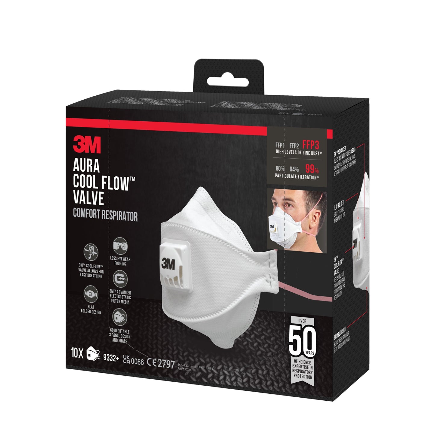 3M™ Aura™ Comfort Cool Flow™ Partikelmaske 9332+, FFP3, mit Ventil