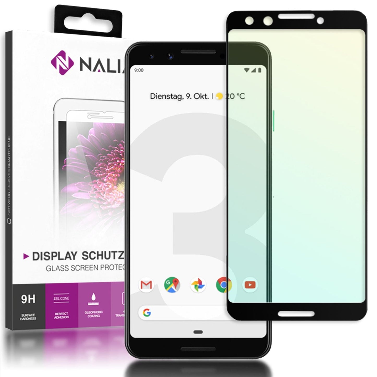 NALIA tempered glass screen protector for Google Pixel 3, 3D full cover screen protector for mobile phones