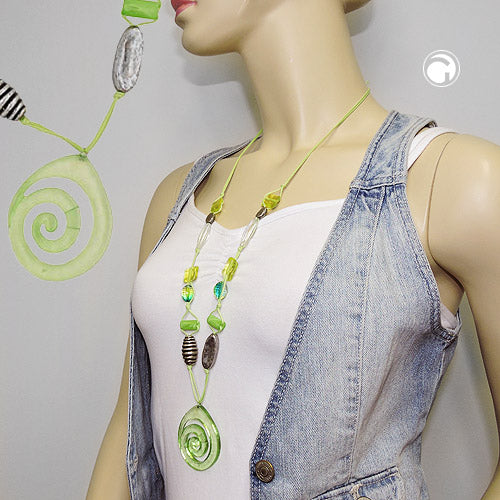 Necklace plastic beads snail light green antique silver colored cord lime green 90cm