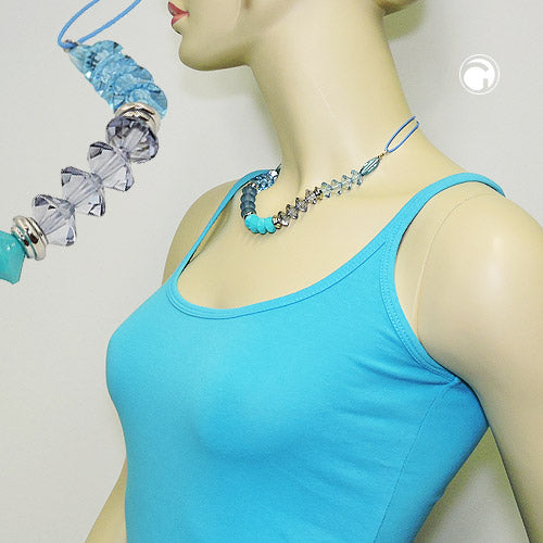 Chain 12x9mm faceted bead plastic turquoise blue with blue cord 45cm