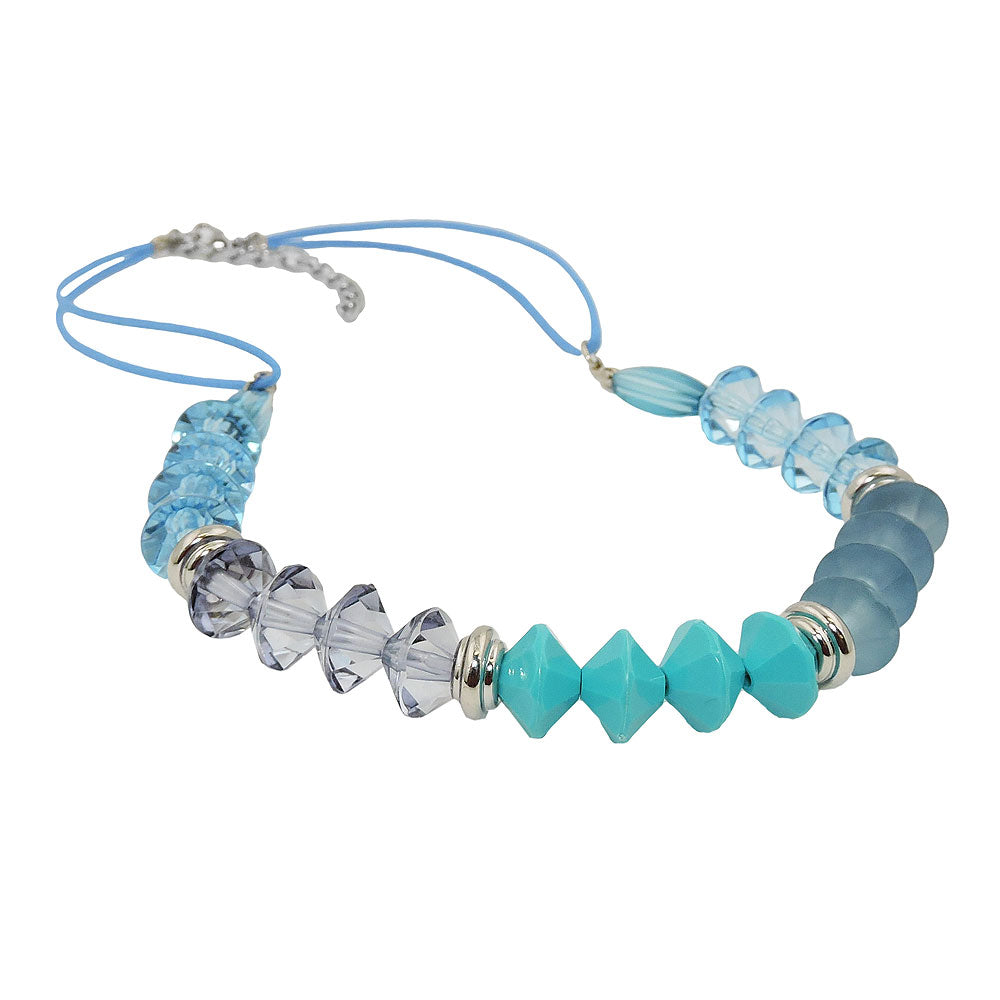 Chain 12x9mm faceted bead plastic turquoise blue with blue cord 45cm