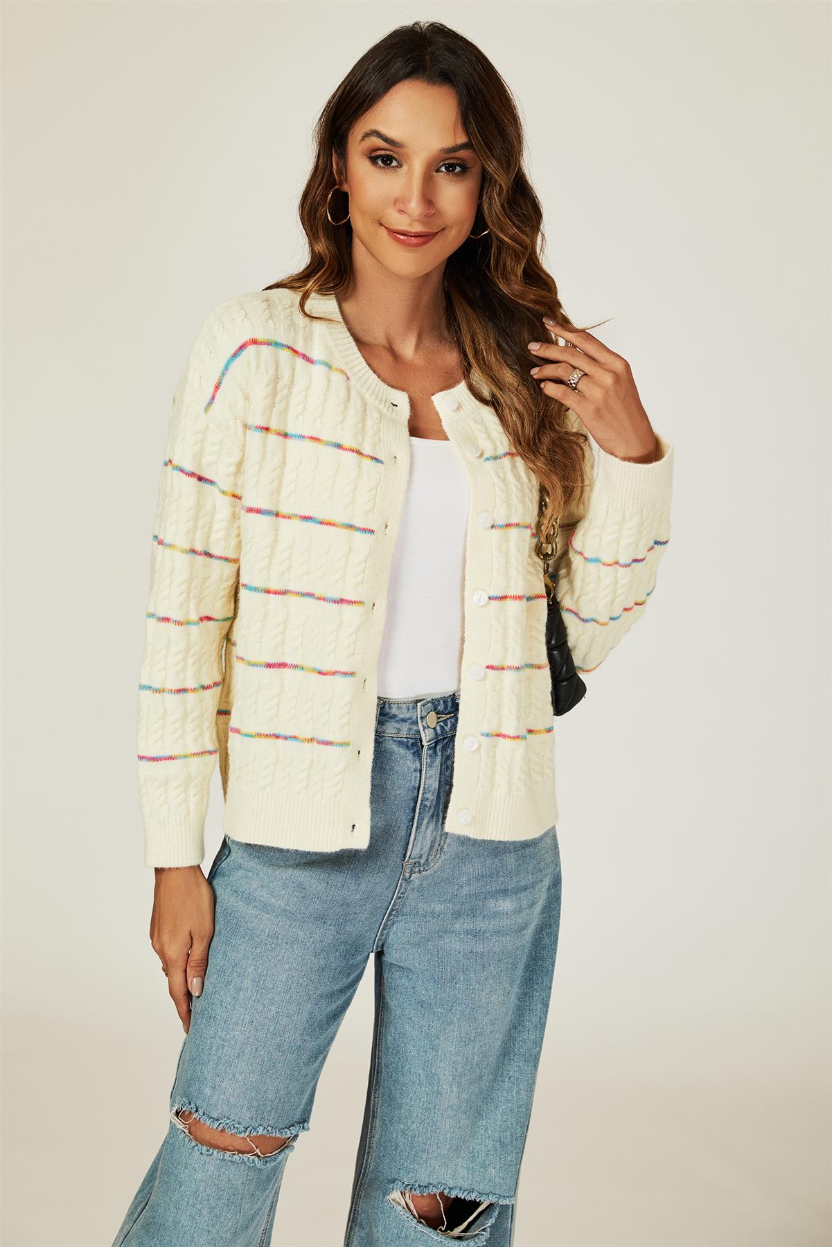 Rainbow Stripe Knitted Cardigan In White