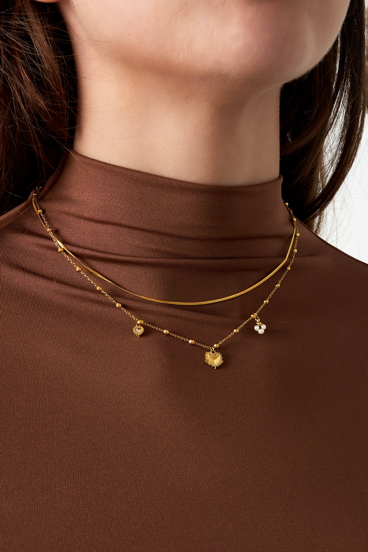 Doppelte Kette mit Herzanhänger - Goldfarben