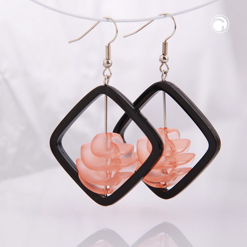 Ear hook earrings 58x39mm square frame black with spiral bead apricot-transparent plastic