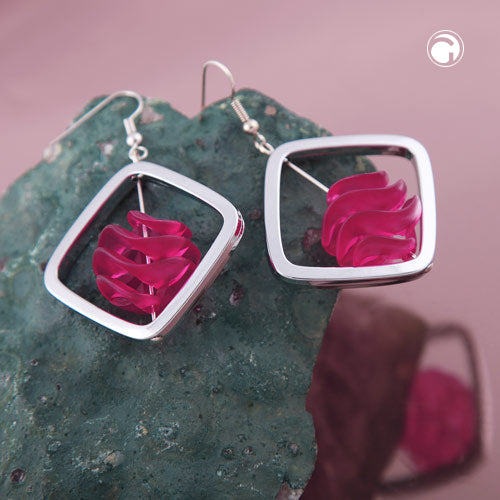 Earring hooks earrings 58x39mm square frame silver-colored with spiral bead purple plastic