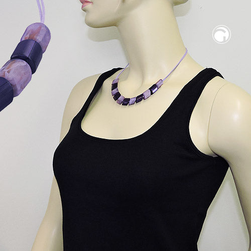 Necklace slanted bead plastic lilac-marbled purple cord light purple 45cm