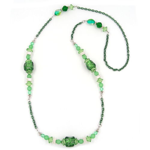 Necklace, stone bead with anchor chain green