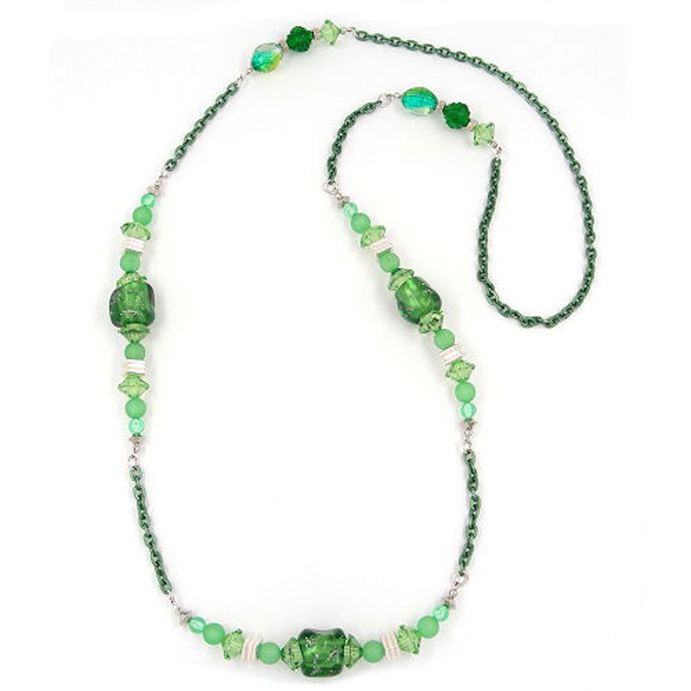Necklace, stone bead with anchor chain green