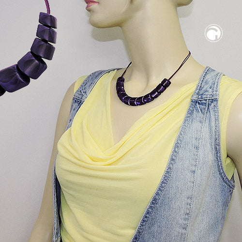 Necklace slanted bead plastic purple metallic cord plum dark purple 45cm