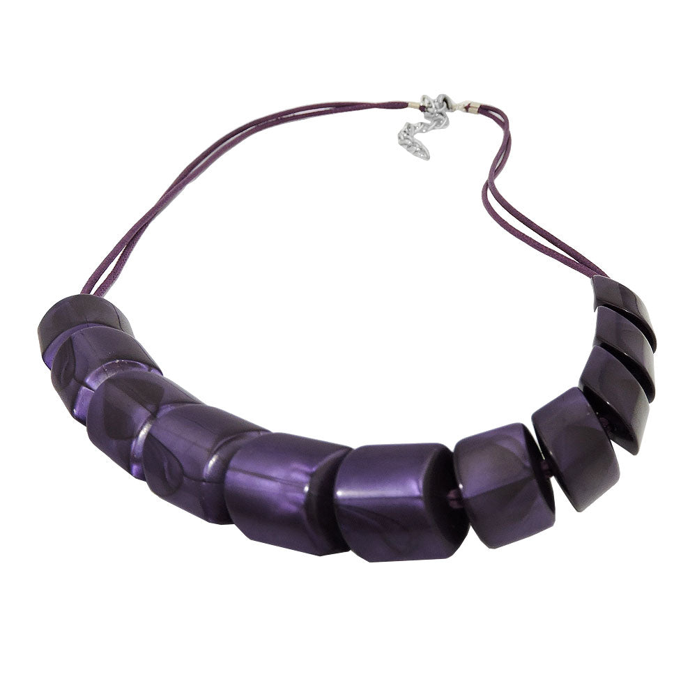 Necklace slanted bead plastic purple metallic cord plum dark purple 45cm