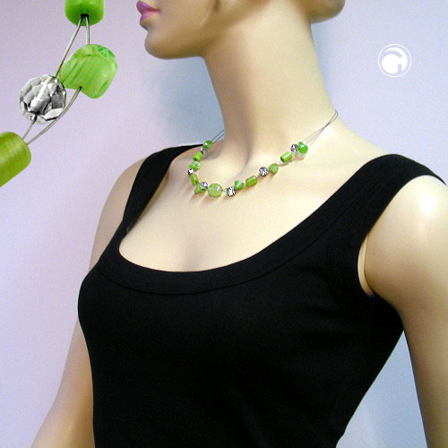 Wire chain with glass beads, lime green and crystal-silver mirrored, 45cm