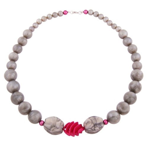 Kette Rundperlen grau Spiralperle pink 62cm