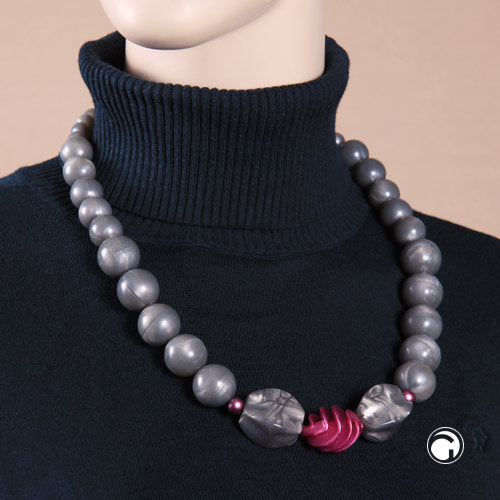 Necklace round beads grey spiral bead pink 62cm