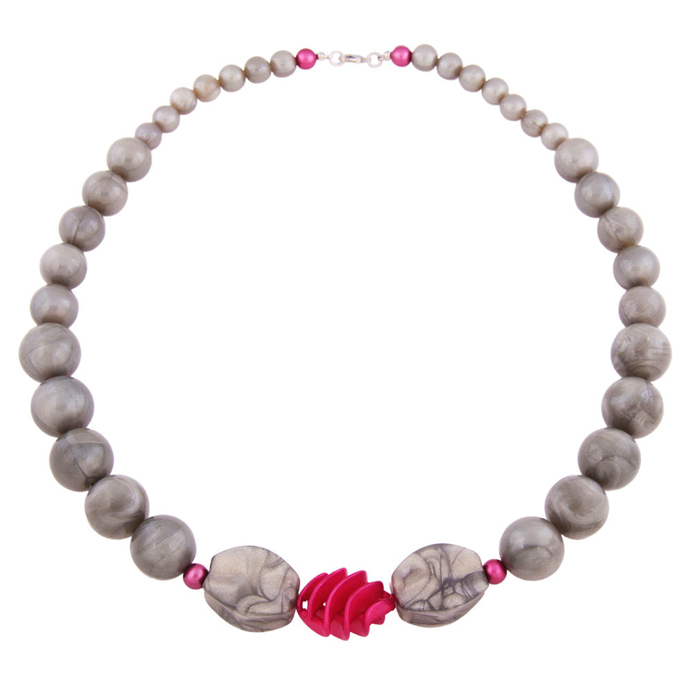 Kette Rundperlen grau Spiralperle pink 62cm