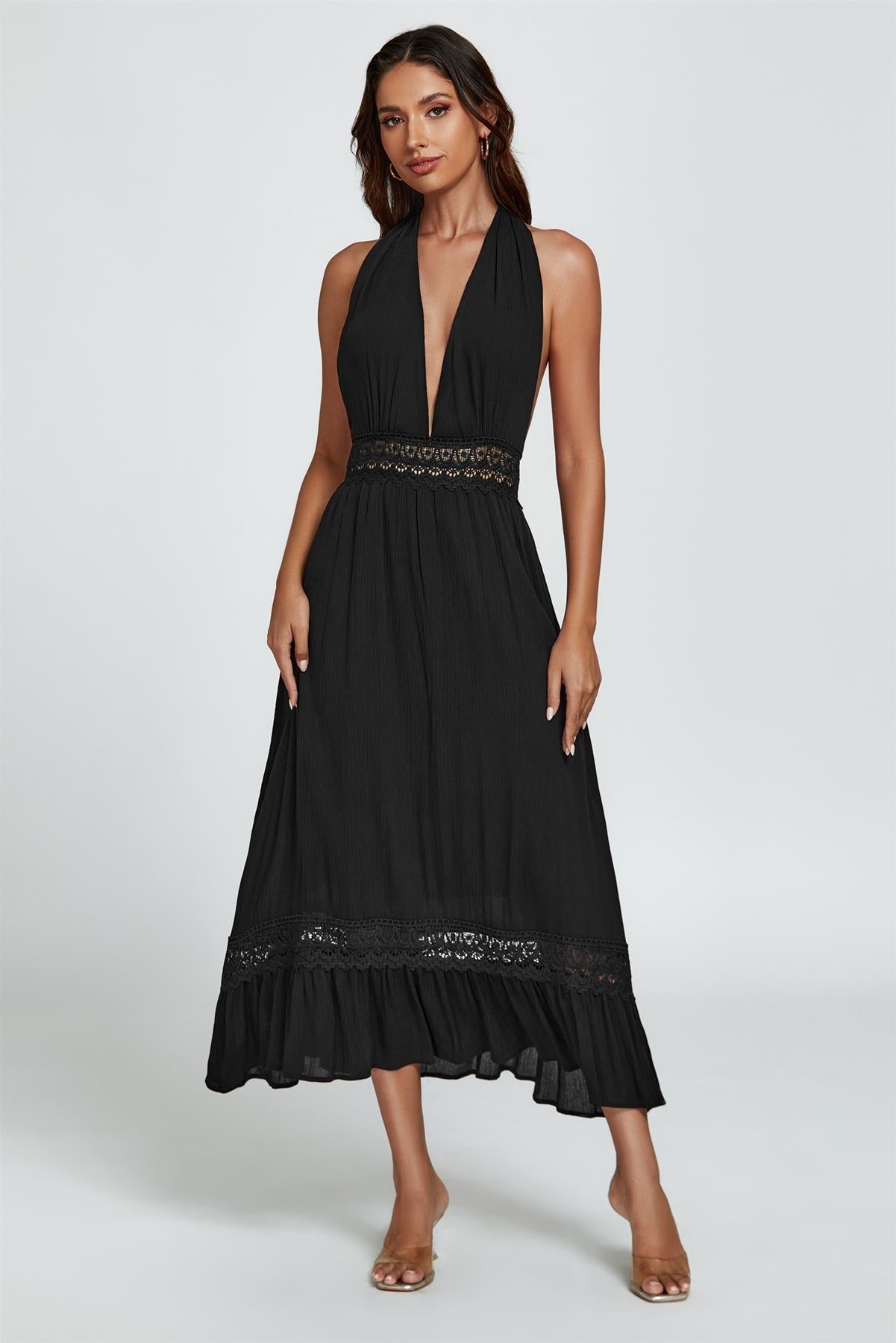 Lace Detail Adjustable Deep V Neckline Maxi Dress In Black