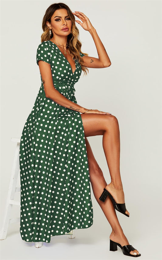 Polka Dot Print High Waist Wrap Dress In Green