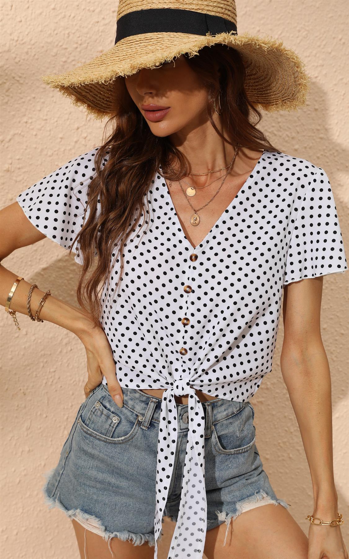 Cute Tie Knot Front Buttoned Crop T Shirt Top In White &amp; Black Polka Dot Print