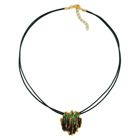 Keðja 34x28mm hengiskraut úr barki grænum, mattgulllituðum emaljeruðum málmstreng, dökkgrænum, 42cm