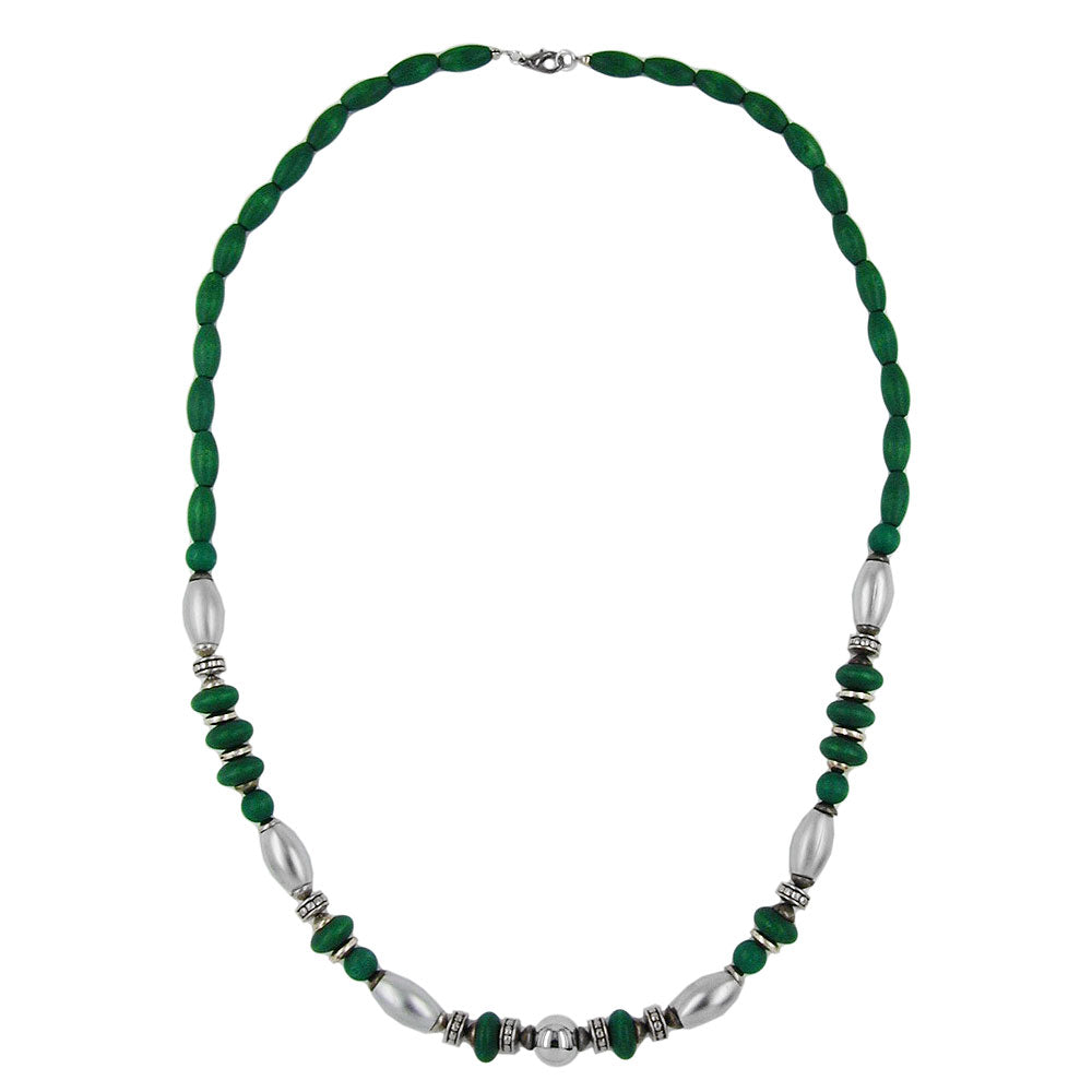 Keðja 14x7mm tréperlur grænar með plastperlum króm matt 70cm